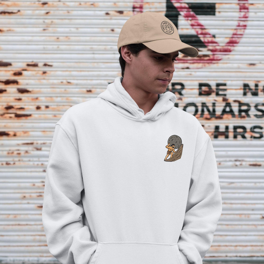 Sisyphus Pushing Boulder Embroidered Hoodie: Heavy Blend Cotton-Poly, Unisex Fit