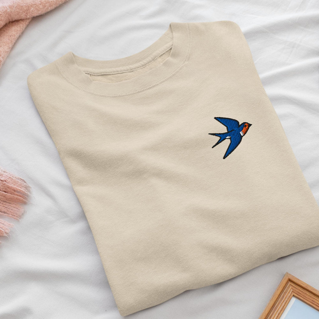 Swallow Bird Embroidered Crewneck Sweatshirt: Cotton Blend, Unisex Fit