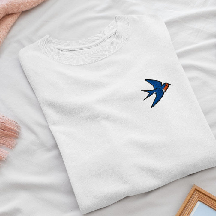 Swallow Bird Embroidered Crewneck Sweatshirt: Cotton Blend, Unisex Fit