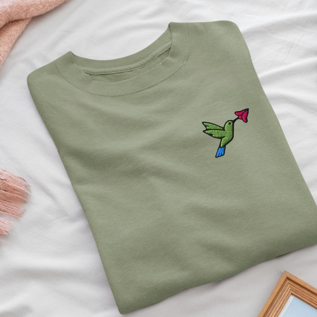 Hummingbird Embroidered Crewneck Sweatshirt: Cotton Blend, Unisex Fit