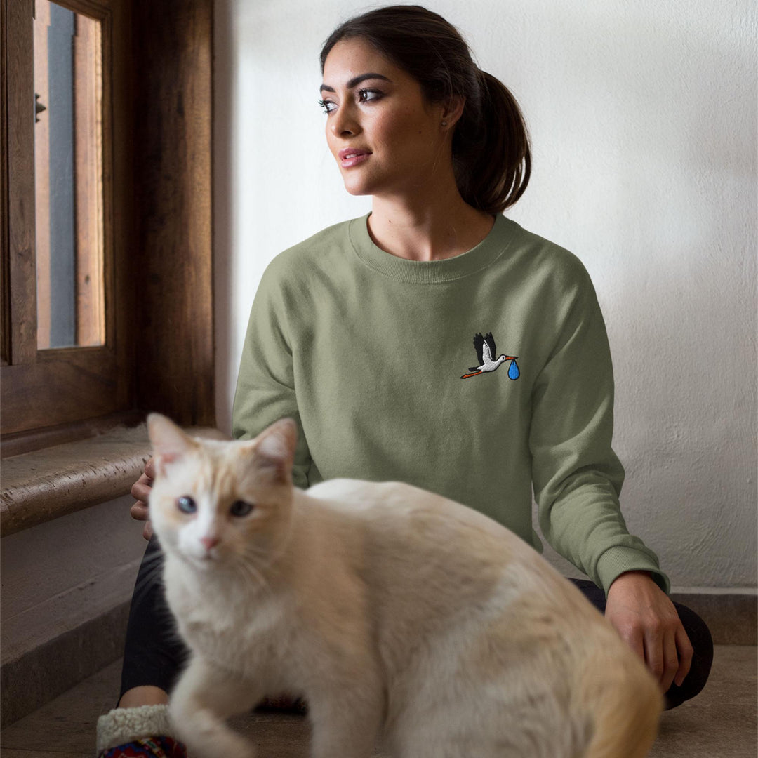 Flying Stork with Baby Bundle Embroidered Crewneck Sweatshirt: Cotton Blend, Unisex Fit