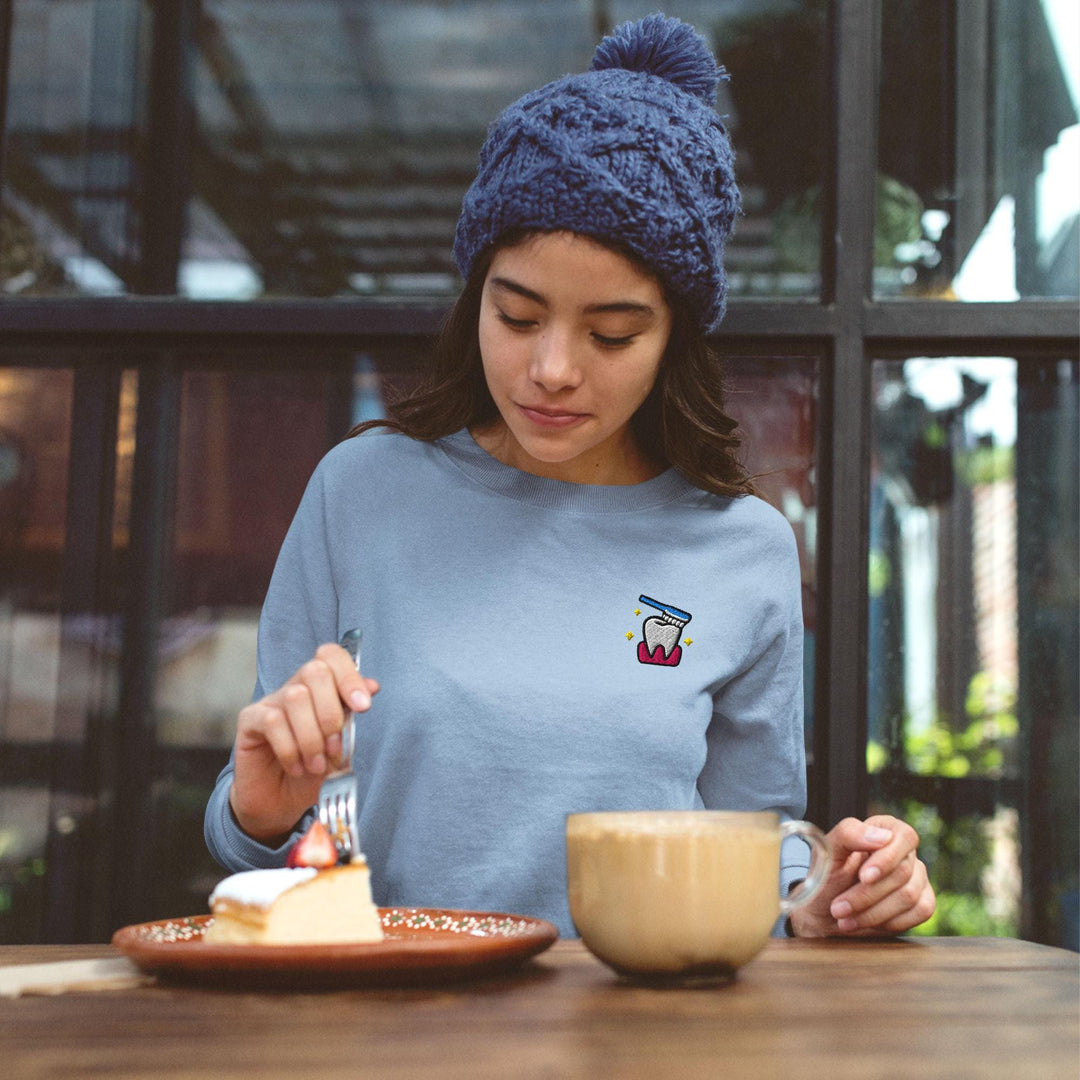 Sparkling Tooth Embroidered Crewneck Sweatshirt: Cotton Blend, Unisex Fit