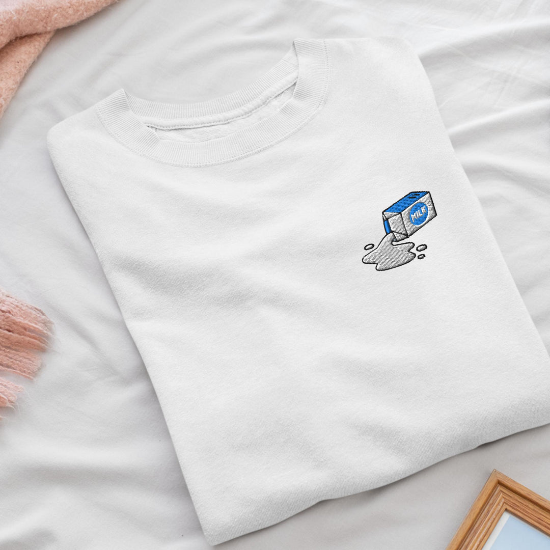 Spilled Milk Carton Embroidered Crewneck Sweatshirt: Cotton Blend, Unisex Fit