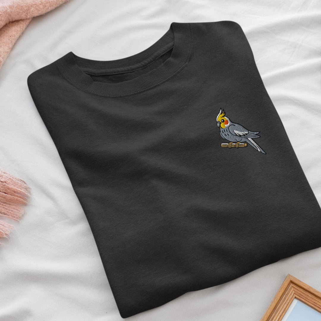 Cockatiel on a Perch Embroidered Crewneck Sweatshirt: Cotton Blend, Unisex Fit