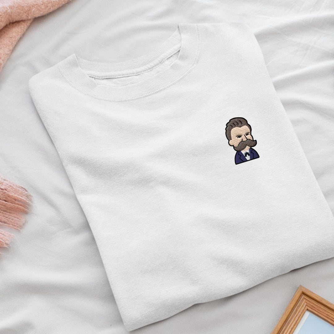 Cartoon Friedrich Nietzsche Embroidered Crewneck Sweatshirt: Cotton Blend, Unisex Fit