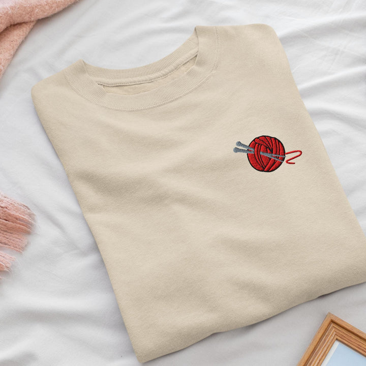 Knitting Needle and Yarn Embroidered Crewneck Sweatshirt: Cotton Blend, Unisex Fit