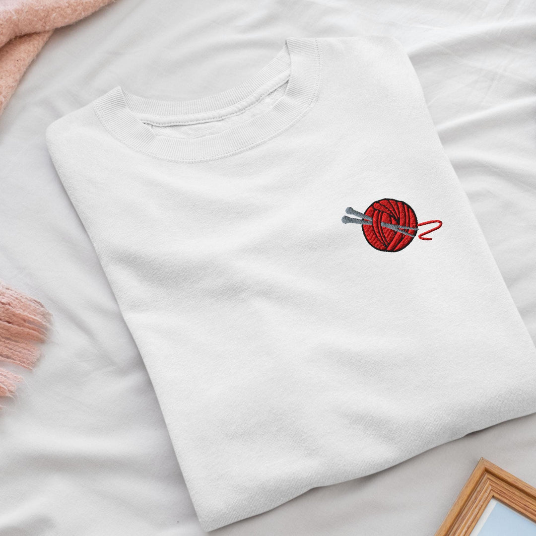 Knitting Needle and Yarn Embroidered Crewneck Sweatshirt: Cotton Blend, Unisex Fit