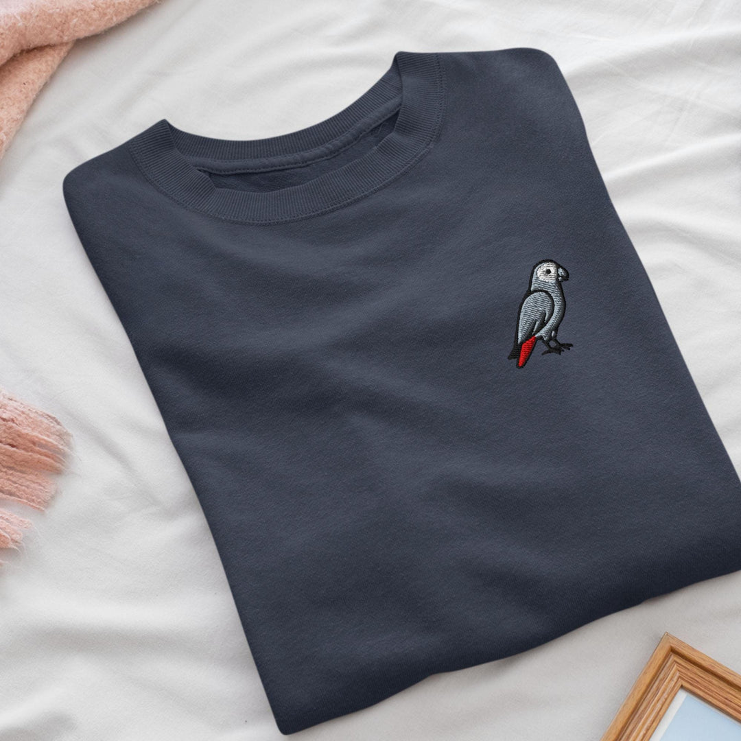 African Grey Parrot Embroidered Crewneck Sweatshirt: Cotton Blend, Unisex Fit