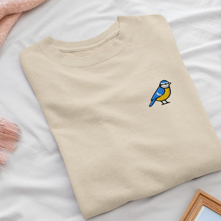 Eurasian Blue Tit Embroidered Crewneck Sweatshirt: Cotton Blend, Unisex Fit