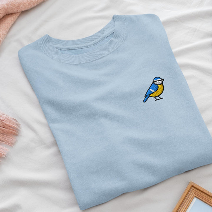 Eurasian Blue Tit Embroidered Crewneck Sweatshirt: Cotton Blend, Unisex Fit