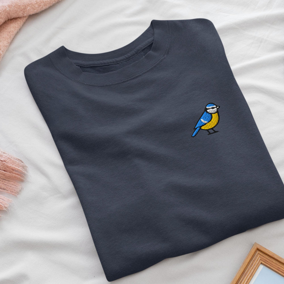 Eurasian Blue Tit Embroidered Crewneck Sweatshirt: Cotton Blend, Unisex Fit