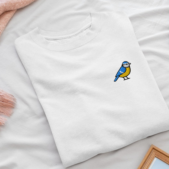 Eurasian Blue Tit Embroidered Crewneck Sweatshirt: Cotton Blend, Unisex Fit