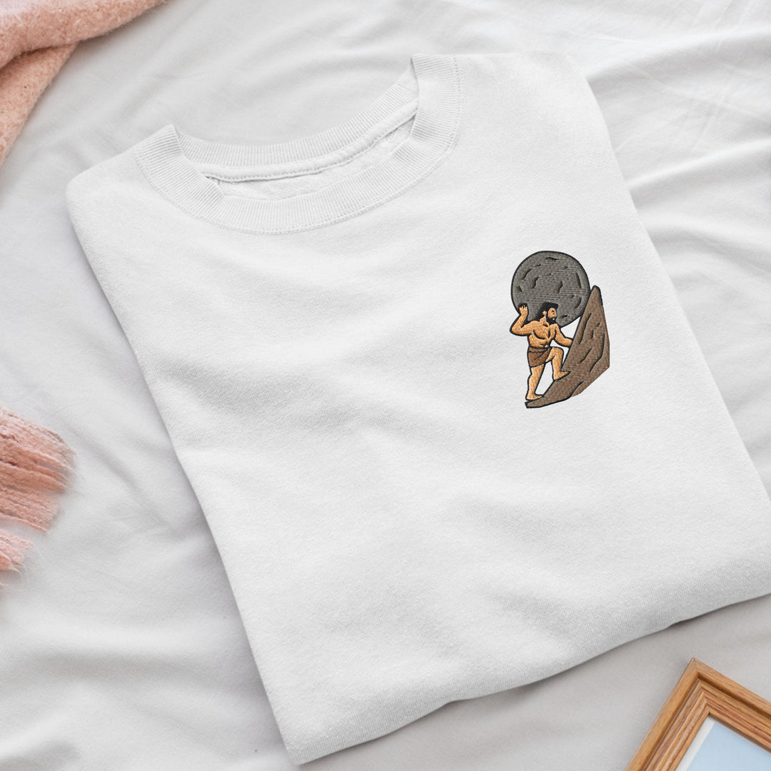 Sisyphus Pushing Boulder Embroidered Crewneck Sweatshirt: Cotton Blend, Unisex Fit