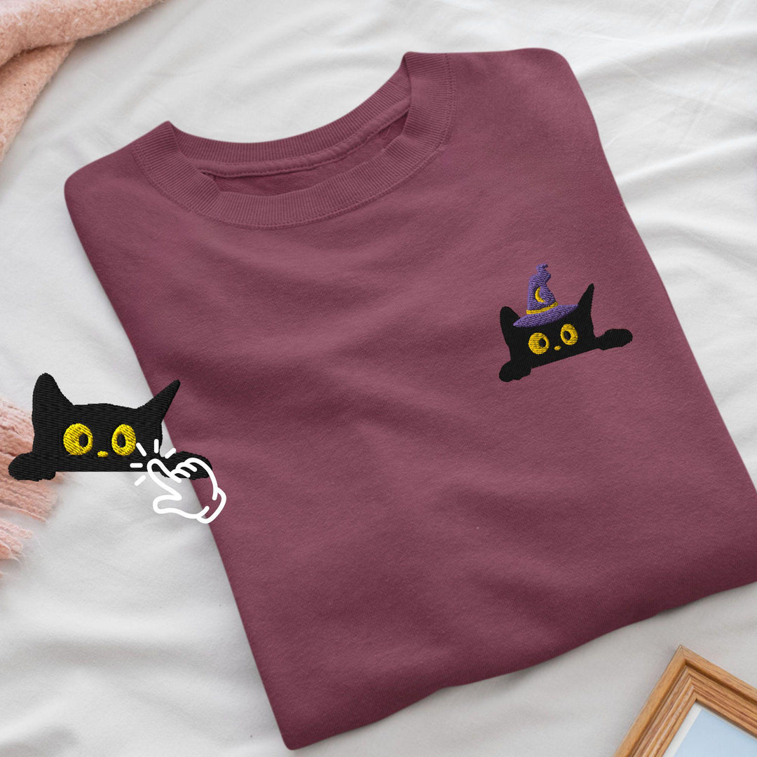 Black Wizard Cat Embroidered Crewneck Sweatshirt: Cotton Blend, Unisex Fit