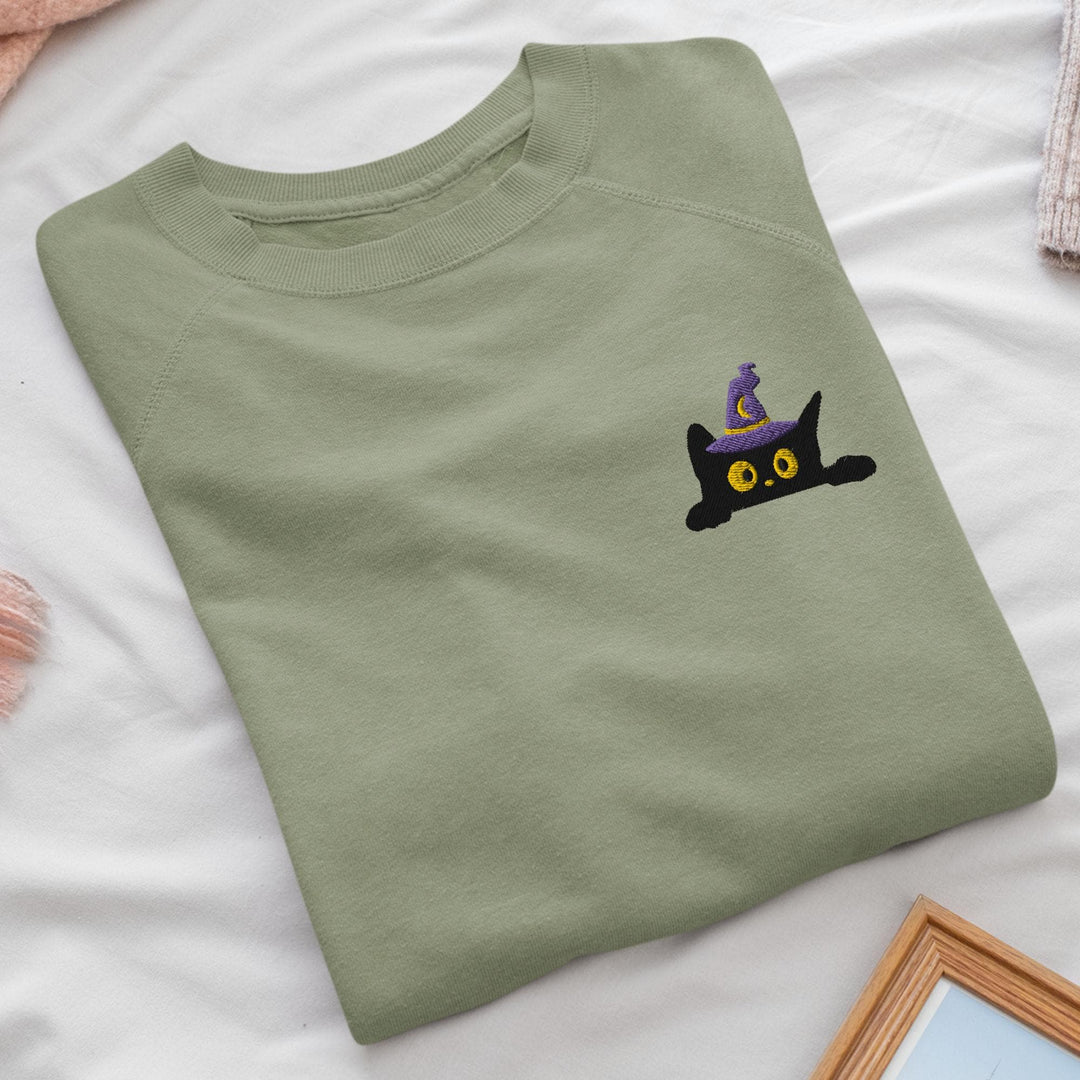 Black Wizard Cat Embroidered Crewneck Sweatshirt: Cotton Blend, Unisex Fit