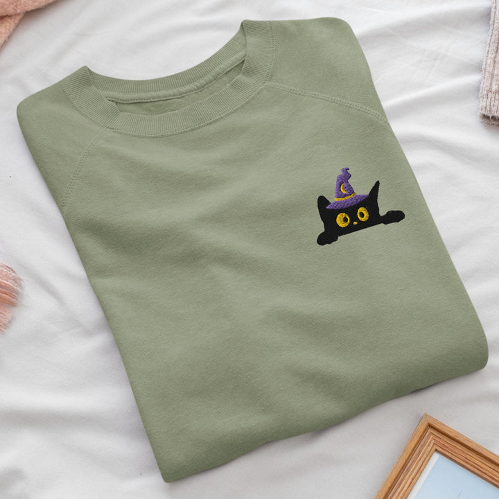 Black Wizard Cat Embroidered Crewneck Sweatshirt: Cotton Blend, Unisex Fit