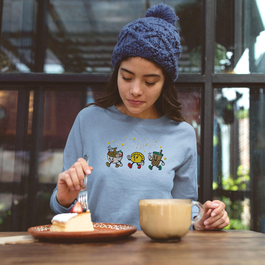 Ramen, Dumpling &amp; Boba Parade Embroidered Crewneck Sweatshirt: Cotton Blend, Unisex Fit