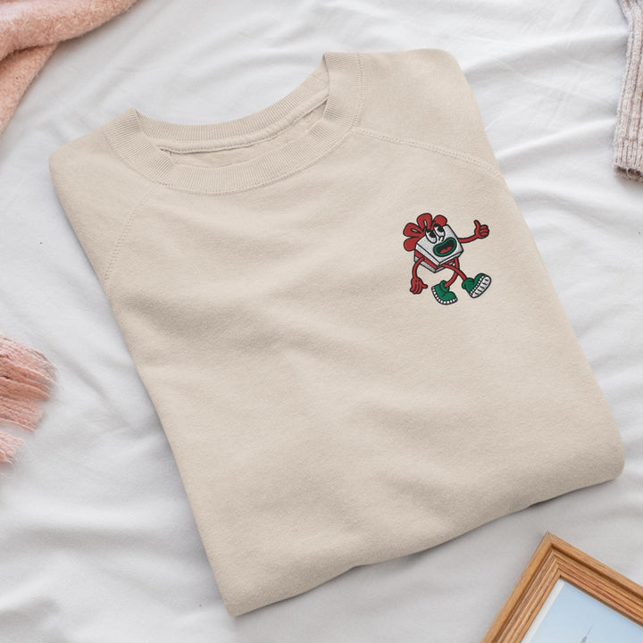Retro Christmas Gift Wrapped Box Embroidered Crewneck Sweatshirt: Cotton Blend, Unisex Fit