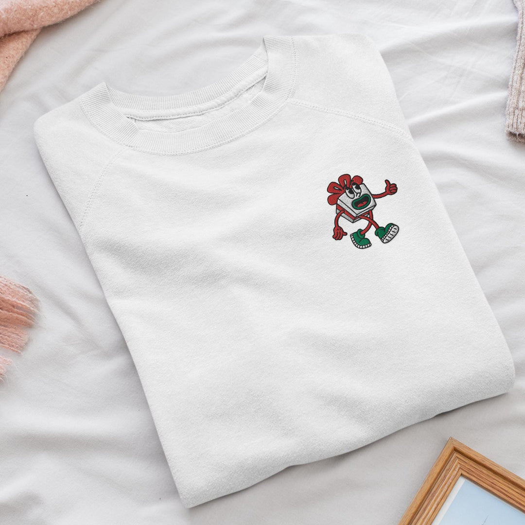Retro Christmas Gift Wrapped Box Embroidered Crewneck Sweatshirt: Cotton Blend, Unisex Fit