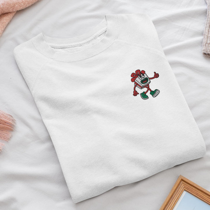 Retro Christmas Gift Wrapped Box Embroidered Crewneck Sweatshirt: Cotton Blend, Unisex Fit