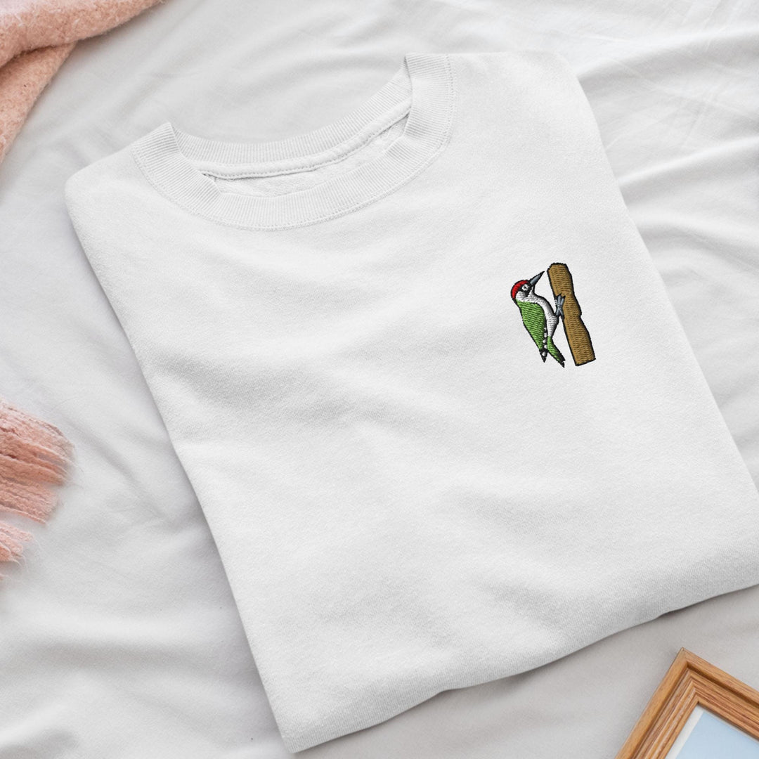 European Green Woodpecker (Picus viridis) Embroidered Crewneck Sweatshirt: Cotton Blend, Unisex Fit