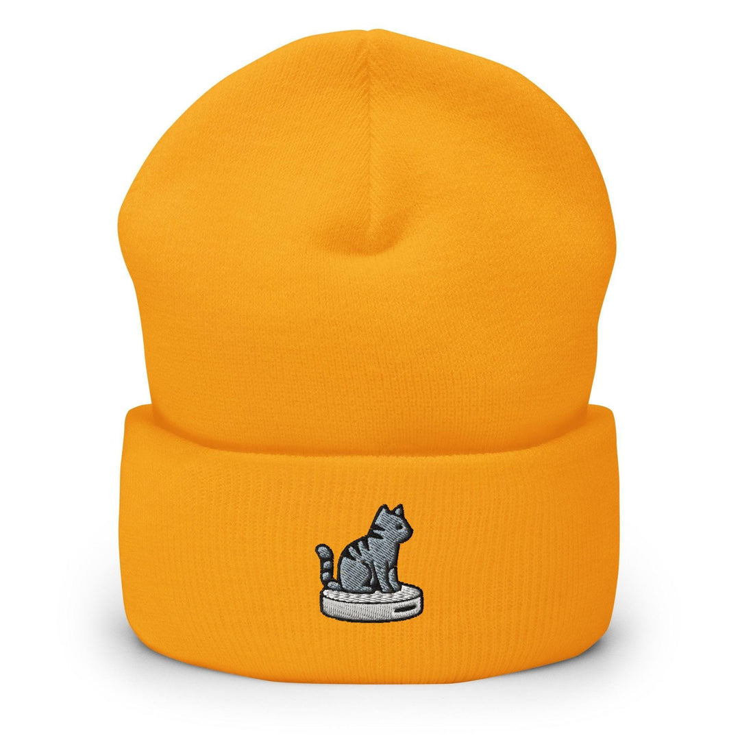 Cat on Vacuum Robot Embroidered Cuffed Beanie: Cozy Unisex Winter Cap