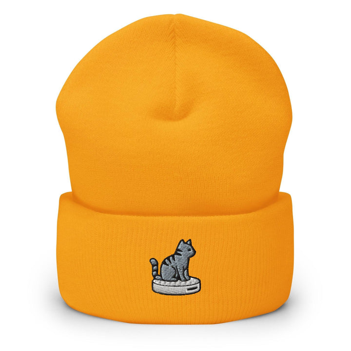 Cat on Vacuum Robot Embroidered Cuffed Beanie: Cozy Unisex Winter Cap