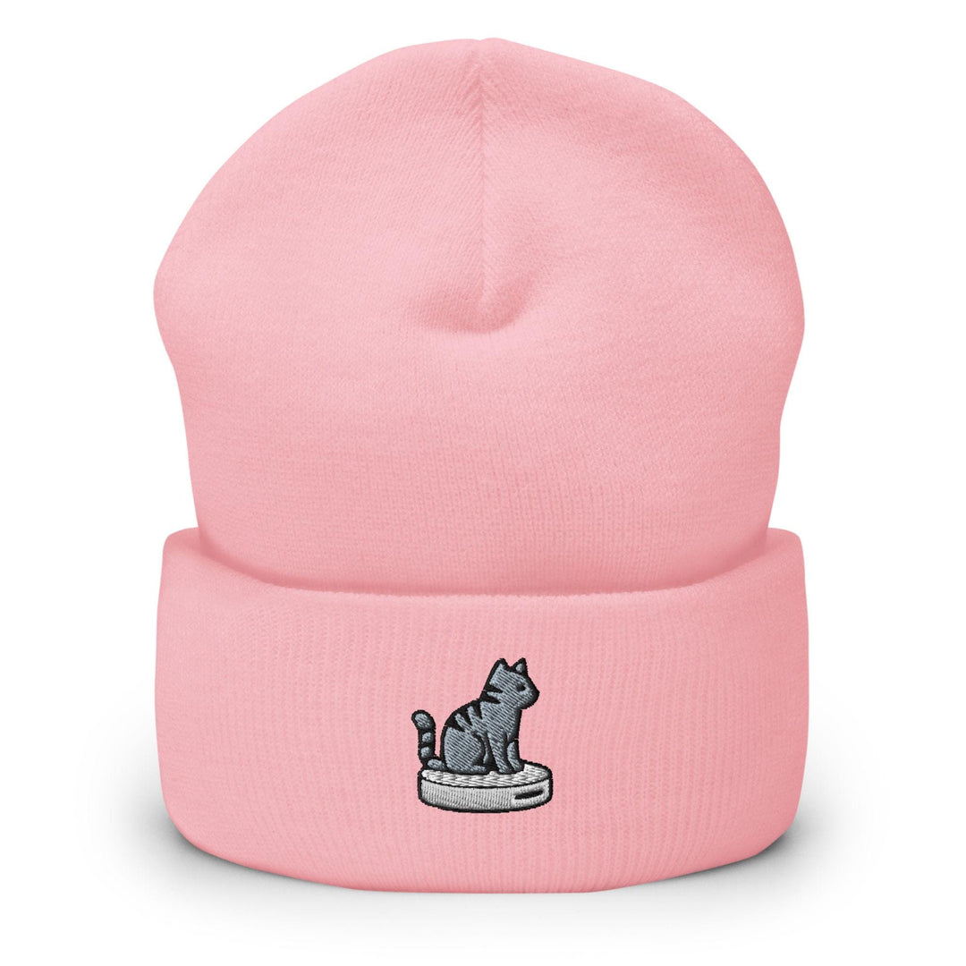 Cat on Vacuum Robot Embroidered Cuffed Beanie: Cozy Unisex Winter Cap