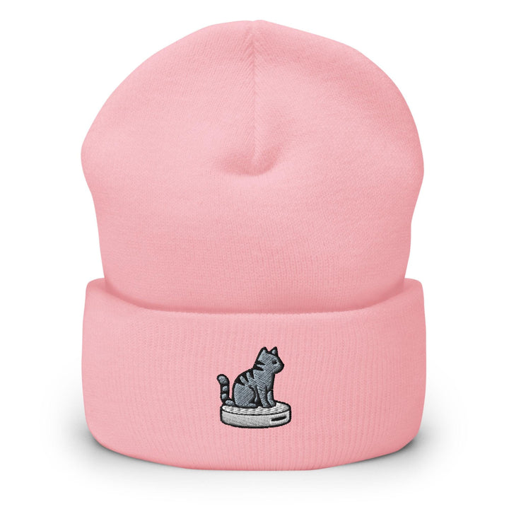Cat on Vacuum Robot Embroidered Cuffed Beanie: Cozy Unisex Winter Cap