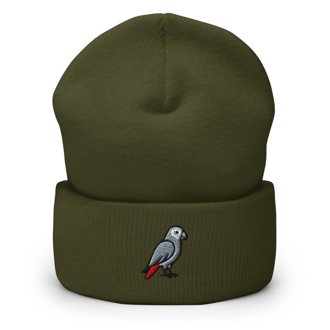 African Grey Parrot Embroidered Cuffed Beanie: Cozy Unisex Winter Cap