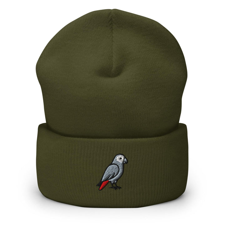 African Grey Parrot Embroidered Cuffed Beanie: Cozy Unisex Winter Cap