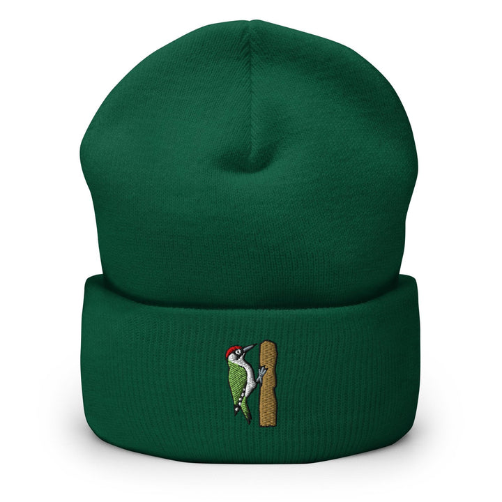 European Green Woodpecker Embroidered Cuffed Beanie: Cozy Unisex Winter Cap