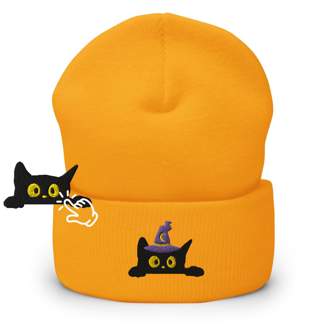 Black Wizard Cat Embroidered Cuffed Beanie: Cozy Unisex Winter Cap