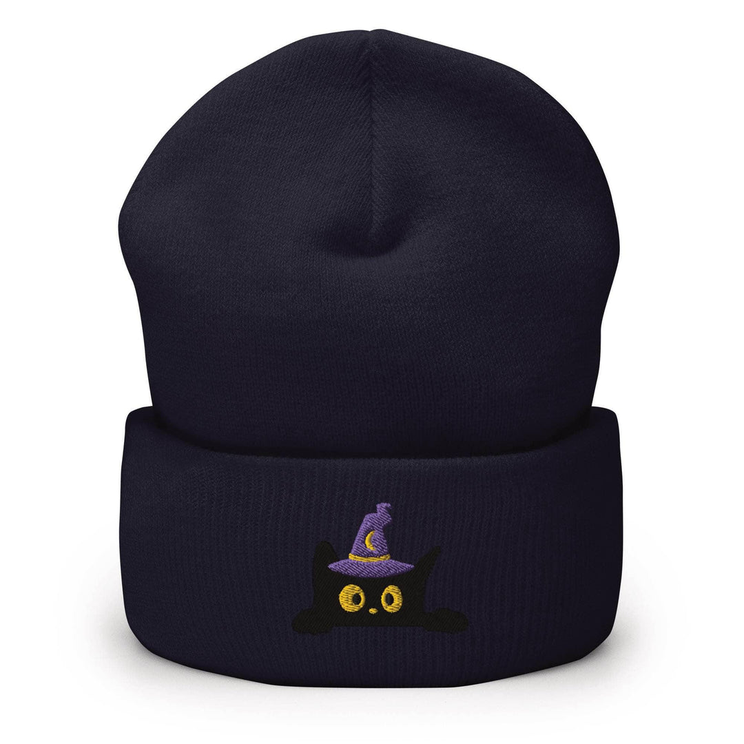 Black Wizard Cat Embroidered Cuffed Beanie: Cozy Unisex Winter Cap