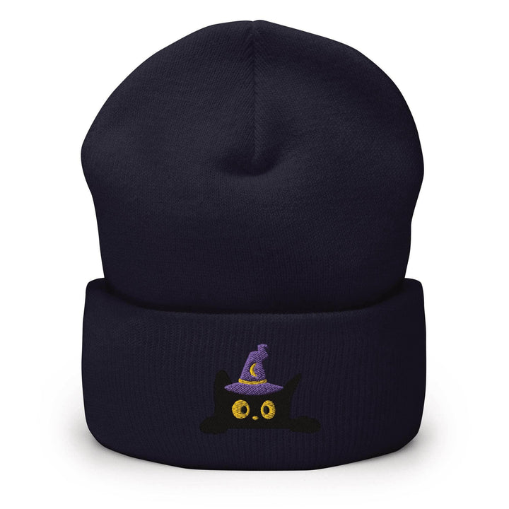 Black Wizard Cat Embroidered Cuffed Beanie: Cozy Unisex Winter Cap