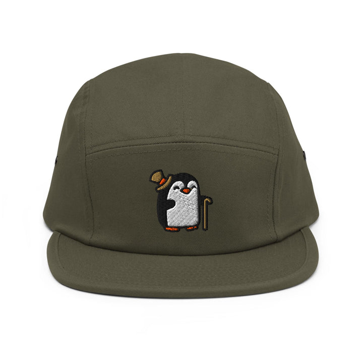 Sophisticated Sir Penguin Embroidered 5‑Panel Cotton Camper Cap: Adjustable Fit