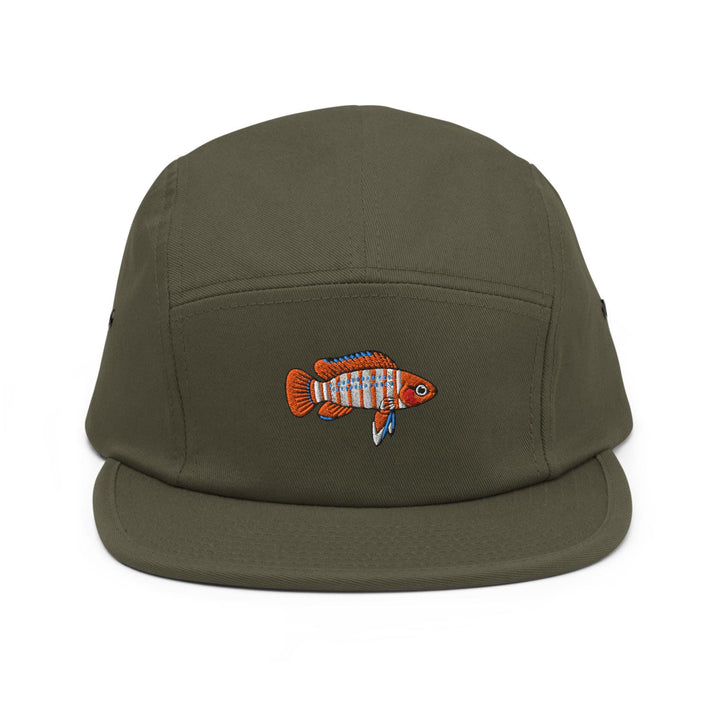 Scarlet Badis Embroidered 5‑Panel Cotton Camper Cap: Adjustable Fit