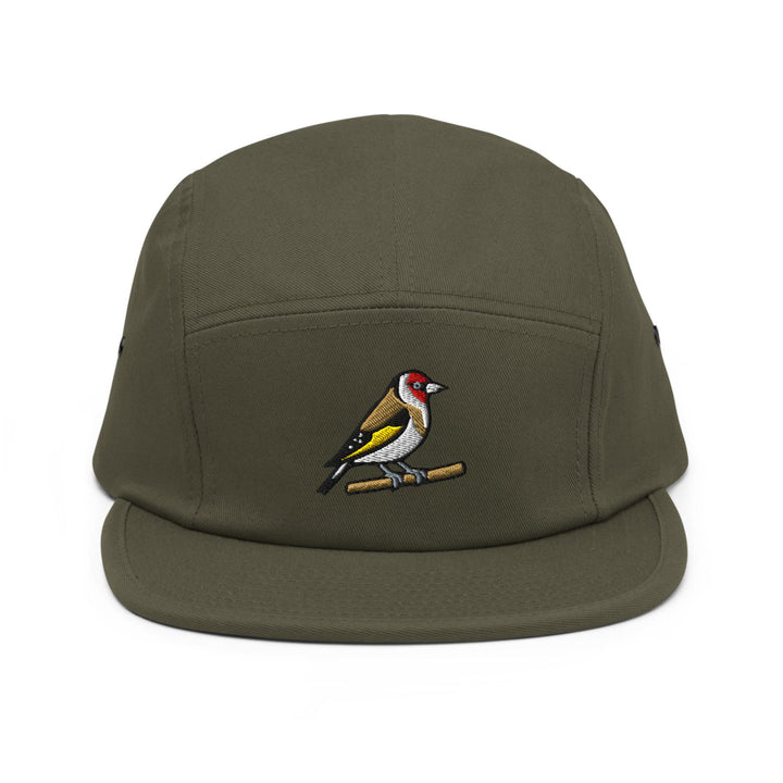 European Goldfinch Embroidered 5‑Panel Cotton Camper Cap: Adjustable Fit