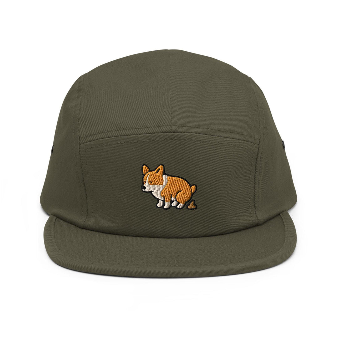 Corgi Pooping Embroidered 5‑Panel Cotton Camper Cap: Adjustable Fit