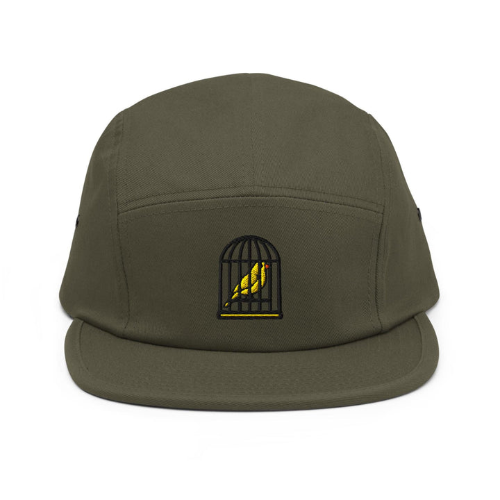 Canary in a Cage Embroidered 5‑Panel Cotton Camper Cap: Adjustable Fit