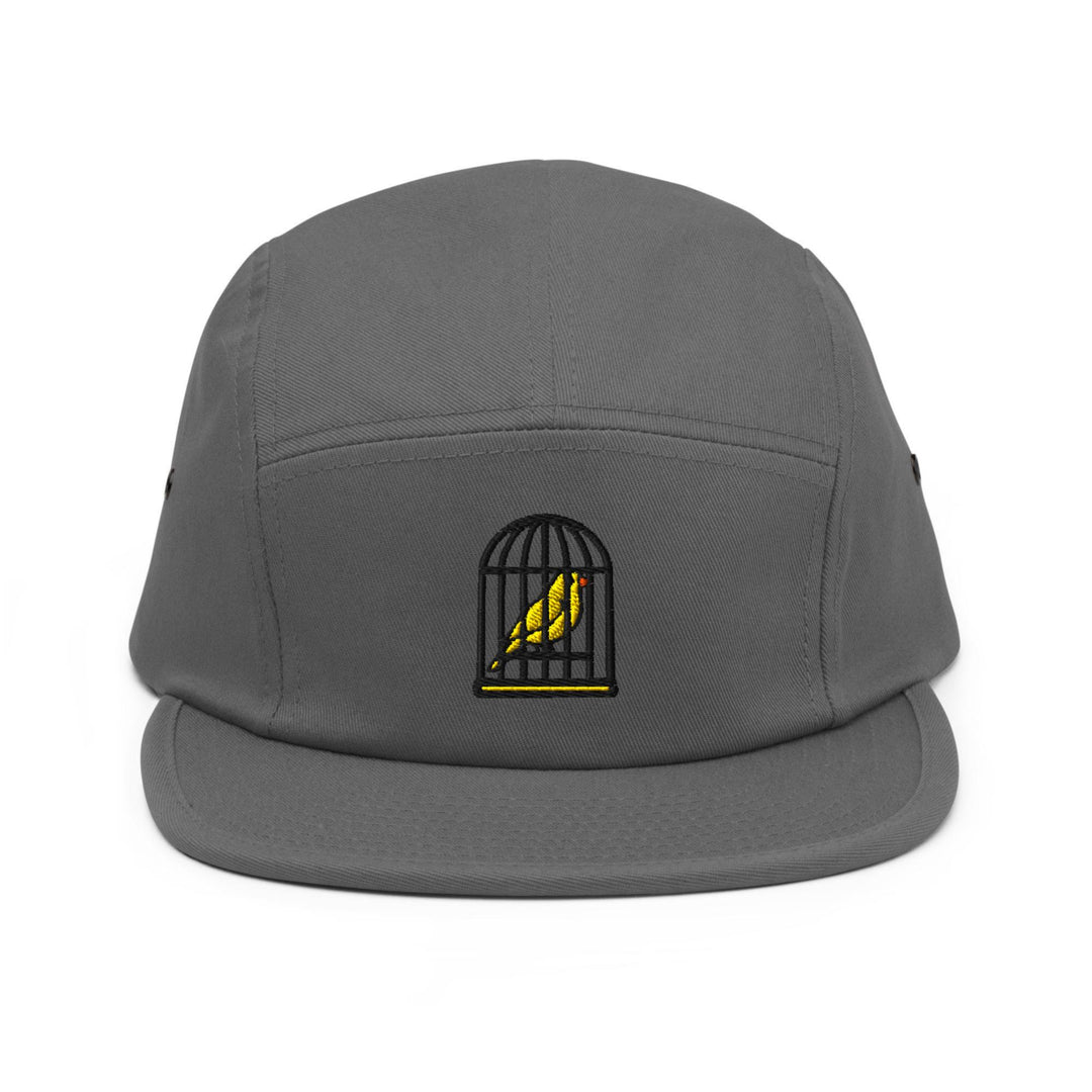 Canary in a Cage Embroidered 5‑Panel Cotton Camper Cap: Adjustable Fit