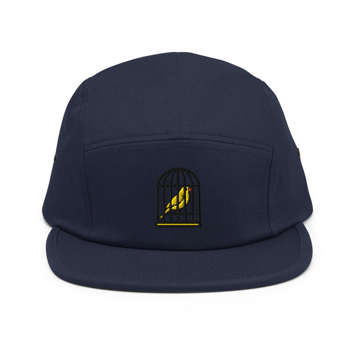Canary in a Cage Embroidered 5‑Panel Cotton Camper Cap: Adjustable Fit