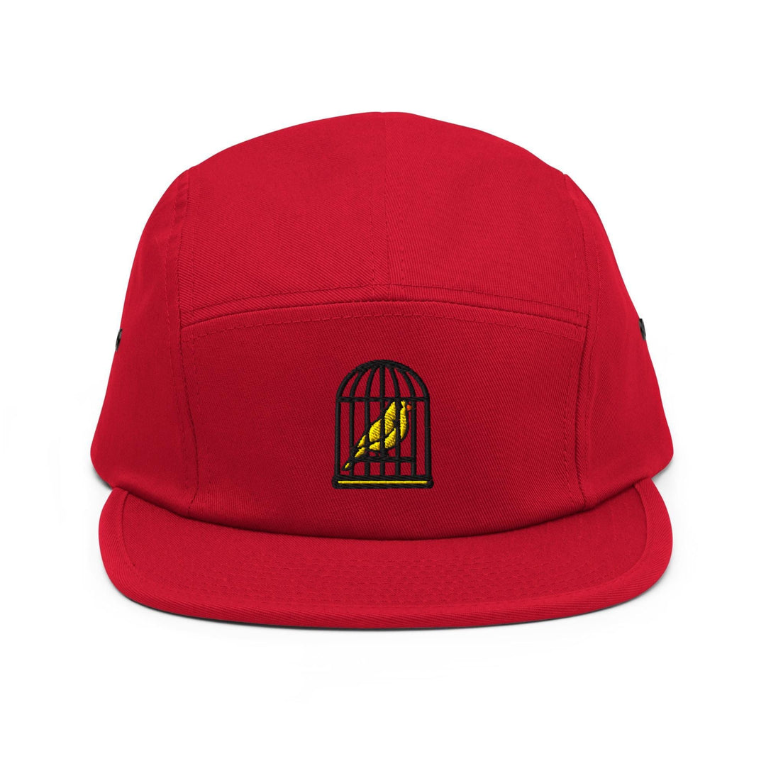 Canary in a Cage Embroidered 5‑Panel Cotton Camper Cap: Adjustable Fit