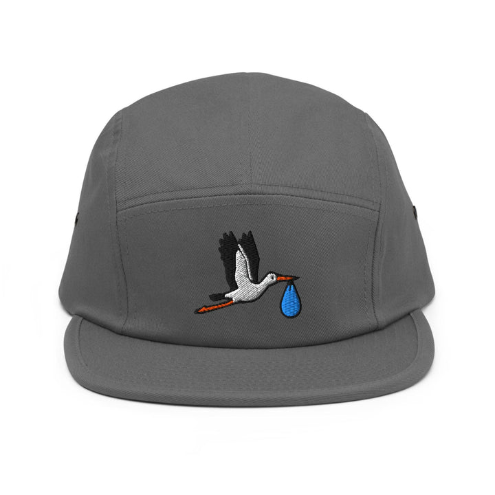 Flying Stork with Baby Bundle Embroidered 5‑Panel Cotton Camper Cap: Adjustable Fit