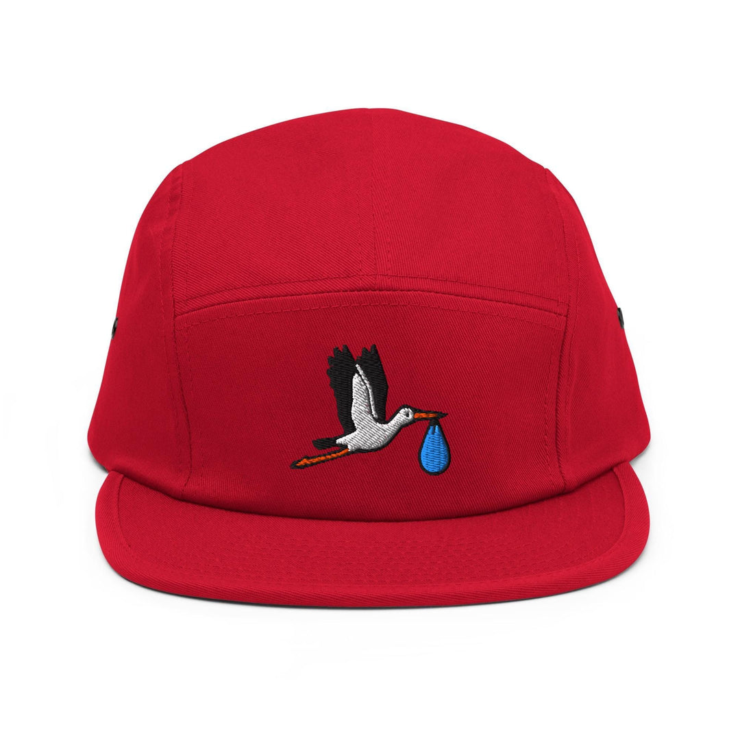 Flying Stork with Baby Bundle Embroidered 5‑Panel Cotton Camper Cap: Adjustable Fit