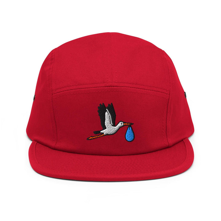 Flying Stork with Baby Bundle Embroidered 5‑Panel Cotton Camper Cap: Adjustable Fit