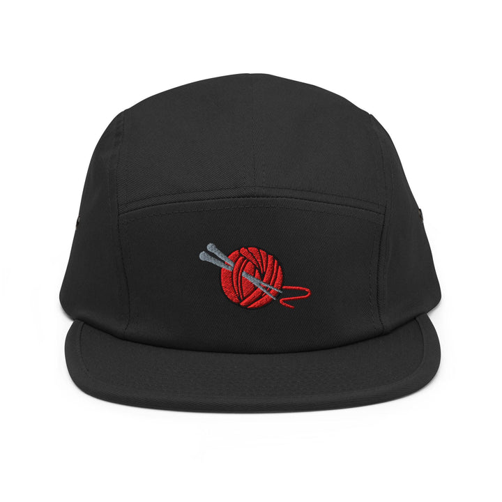 Knitting Needle and Yarn Embroidered 5‑Panel Cotton Camper Cap: Adjustable Fit