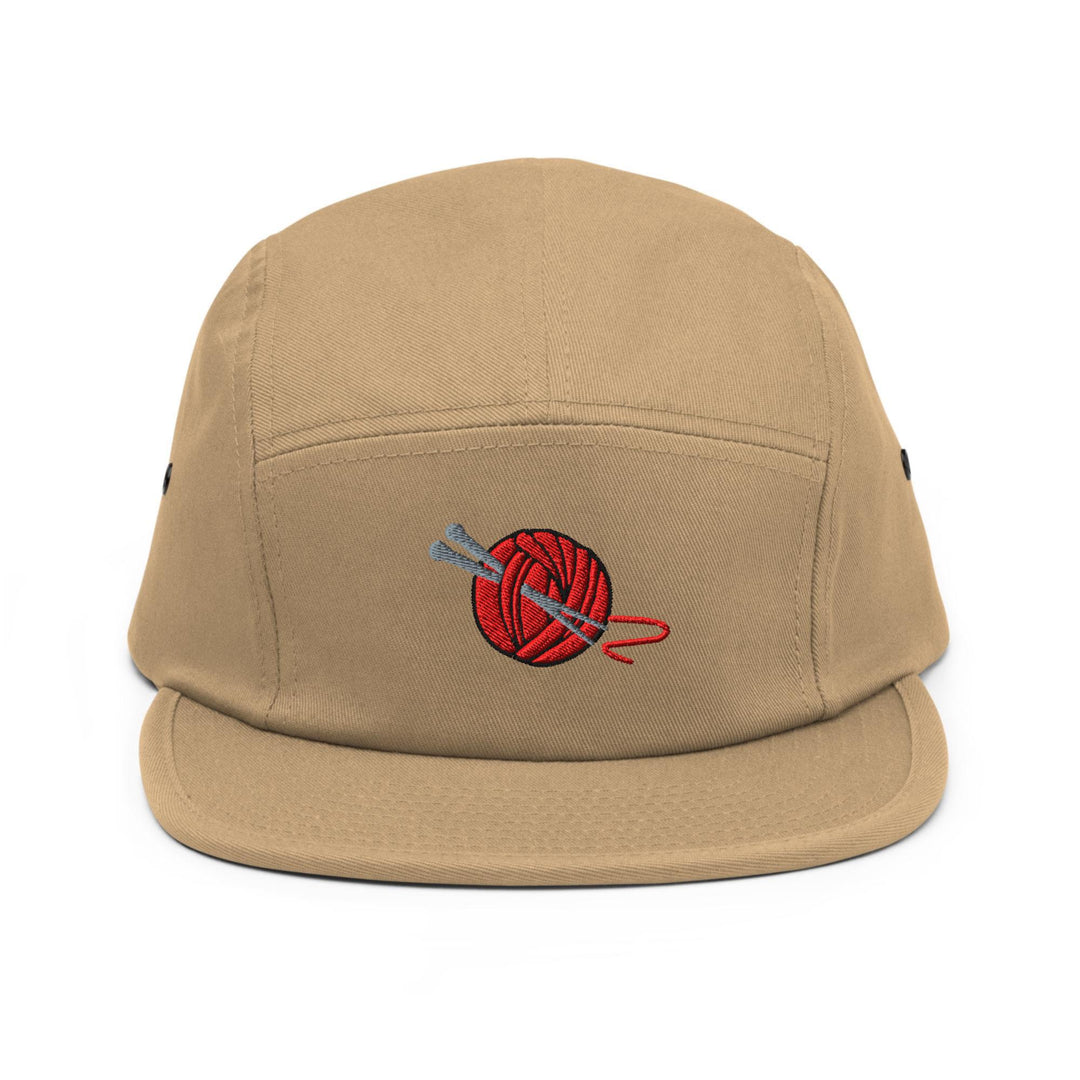 Knitting Needle and Yarn Embroidered 5‑Panel Cotton Camper Cap: Adjustable Fit