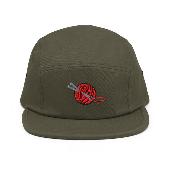 Knitting Needle and Yarn Embroidered 5‑Panel Cotton Camper Cap: Adjustable Fit