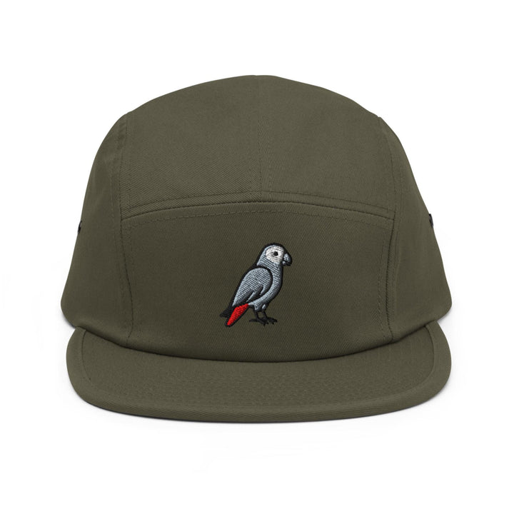 African Grey Parrot Embroidered 5‑Panel Cotton Camper Cap: Adjustable Fit